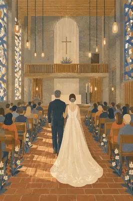 Bride Walking Down Church Aisle With Father