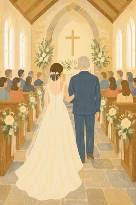 Bride Walking Down Chapel Aisle with Father