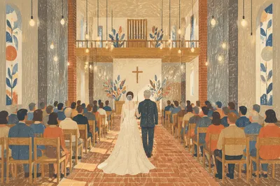 Bride Walking Down Church Aisle With Father