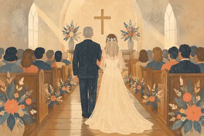 Bride Walking with Father in Church Aisle