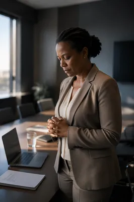 Businesswoman Praying in Office Conference Room
