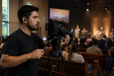 Camera Operator Filming Church Service Indoors
