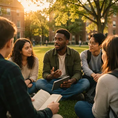 Students Talking on University Lawn at Sunset