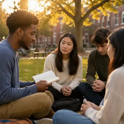 University Students Praying on Campus Lawn