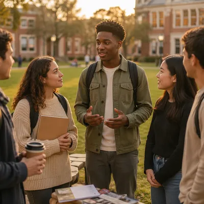 College Students Talking on University Lawn