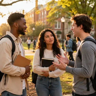 College Students Talking on Campus Lawn