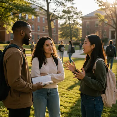 College Students Talking on Campus Lawn
