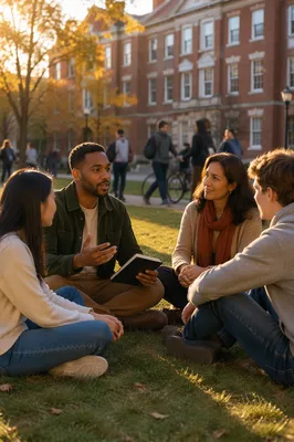 Students Talking on University Quad at Sunset