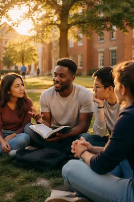 College Students Talking on Campus Lawn