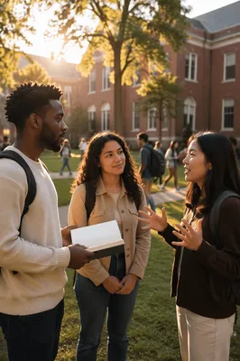 College Students Talking on University Lawn