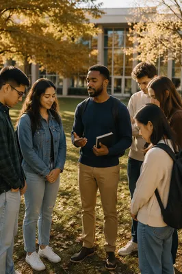 College Students Praying on Campus Lawn