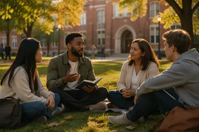 Students Talking on University Quad at Sunset