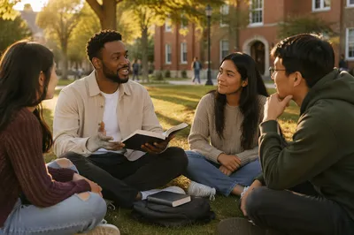 College Students Talking on University Lawn