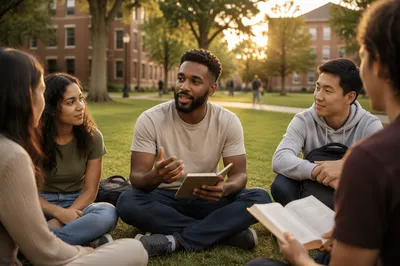 Students Talking on University Lawn at Sunset