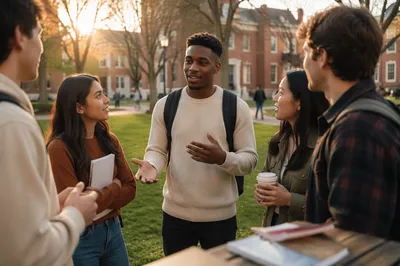 College Students Talking on Campus Lawn