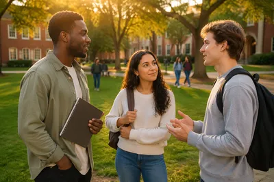 College Students Talking on Campus Lawn