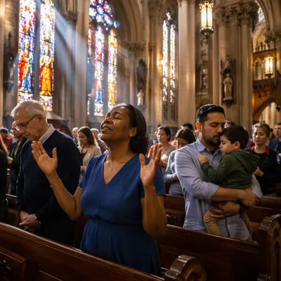 Congregation in Cathedral Stained Glass Light
