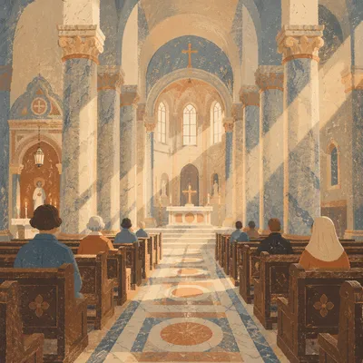 Grand Catholic Basilica Interior with Marble Columns
