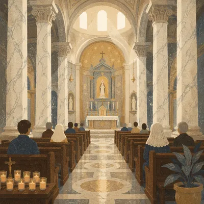 Peaceful Catholic Basilica Interior with Marble Columns
