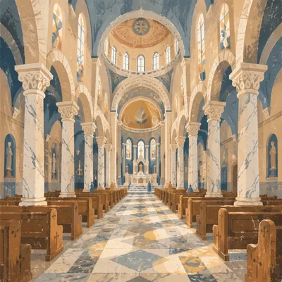 Grand Catholic Basilica Interior with Marble Columns