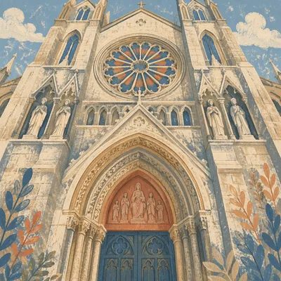 Grand Catholic Basilica Interior With Rose Window