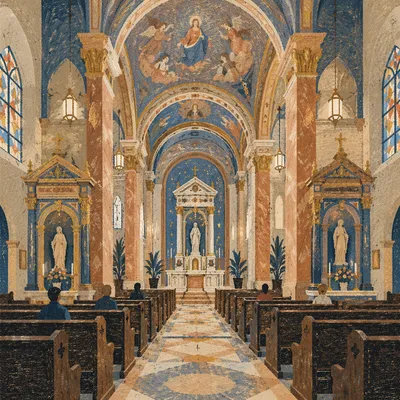 Grand Catholic Basilica Interior With Marble Columns