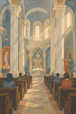 Grand Catholic Basilica Interior with Marble Columns
