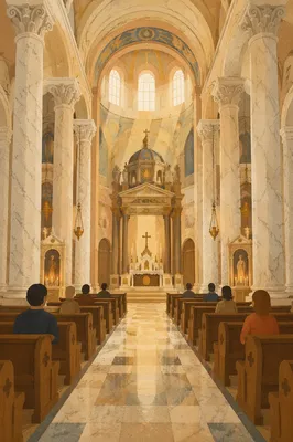 Grand Catholic Basilica Interior with Marble Columns
