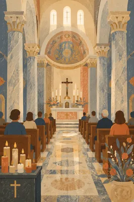 Peaceful Catholic Basilica Interior with Marble Columns