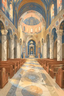 Sunlit Catholic Basilica Interior With Marble Columns