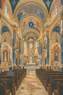 Grand Catholic Basilica Interior With Marble Columns