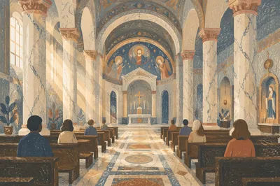 Grand Catholic Basilica Interior With Marble Columns