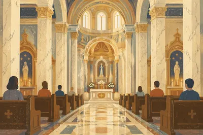 Grand Catholic Basilica Interior with Marble Columns