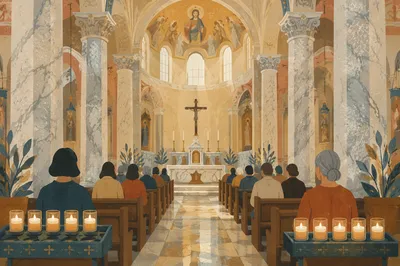 Peaceful Catholic Basilica Interior with Marble Columns
