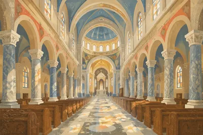 Sunlit Catholic Basilica Nave with Marble Columns