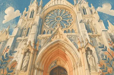 Grand Catholic Basilica Interior with Rose Window