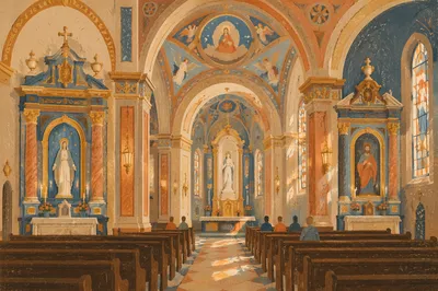 Grand Catholic Basilica Interior with Marble Columns
