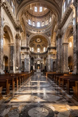 Grand Catholic Basilica Interior with Marble Columns
