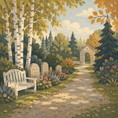 Peaceful Cemetery Garden with Flowers and Bench