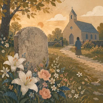 Peaceful Churchyard Headstone at Sunrise