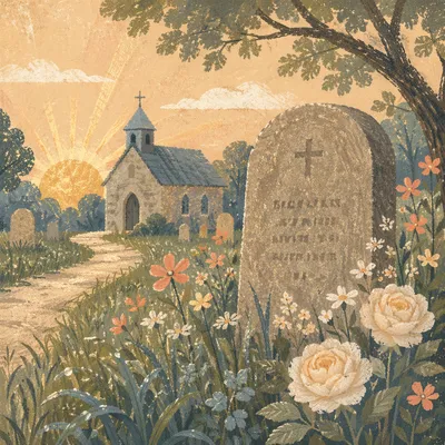 Peaceful Churchyard Headstone with Morning Flowers