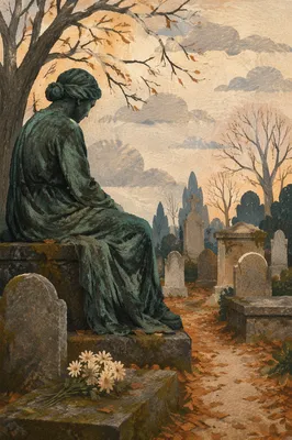 Peaceful Cemetery Headstone and Autumn Flowers
