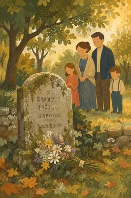 Peaceful Cemetery Headstone with Wildflowers