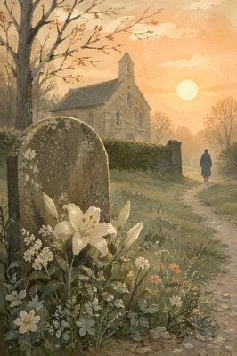 Peaceful Churchyard Headstone with Spring Lilies