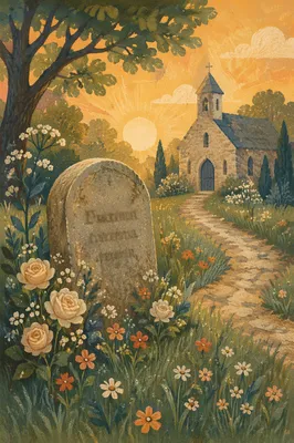 Peaceful Churchyard Headstone with Morning Flowers