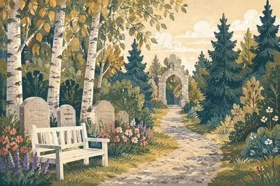 Peaceful Cemetery Garden with Flowers and Bench