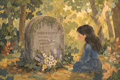 Peaceful Headstone with Wildflowers in Cemetery