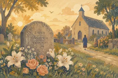 Peaceful Churchyard Headstone with Morning Flowers