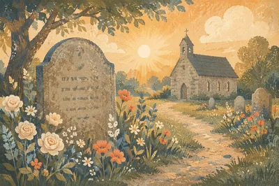 Peaceful Churchyard Headstone with Morning Flowers