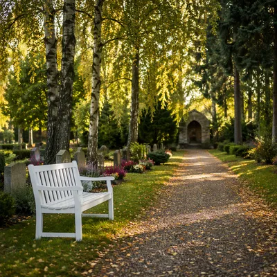 Peaceful Cemetery Garden with Headstones and Flowers